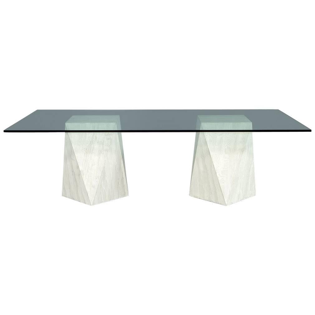 Custom Modern Geometric Pedestals Glass Top Dining Table by Carrocel