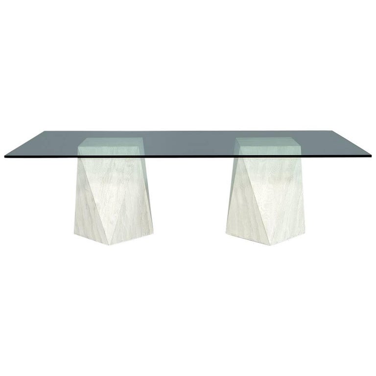 Custom Modern Geometric Pedestals Glass Top Dining Table by Carrocel at