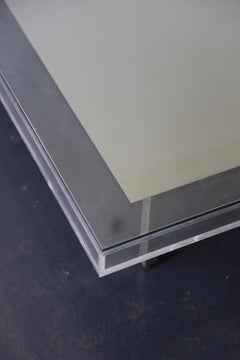 Custom Modern Glass and Acrylic Pigment Coffee Table with Brushed Steel Frame