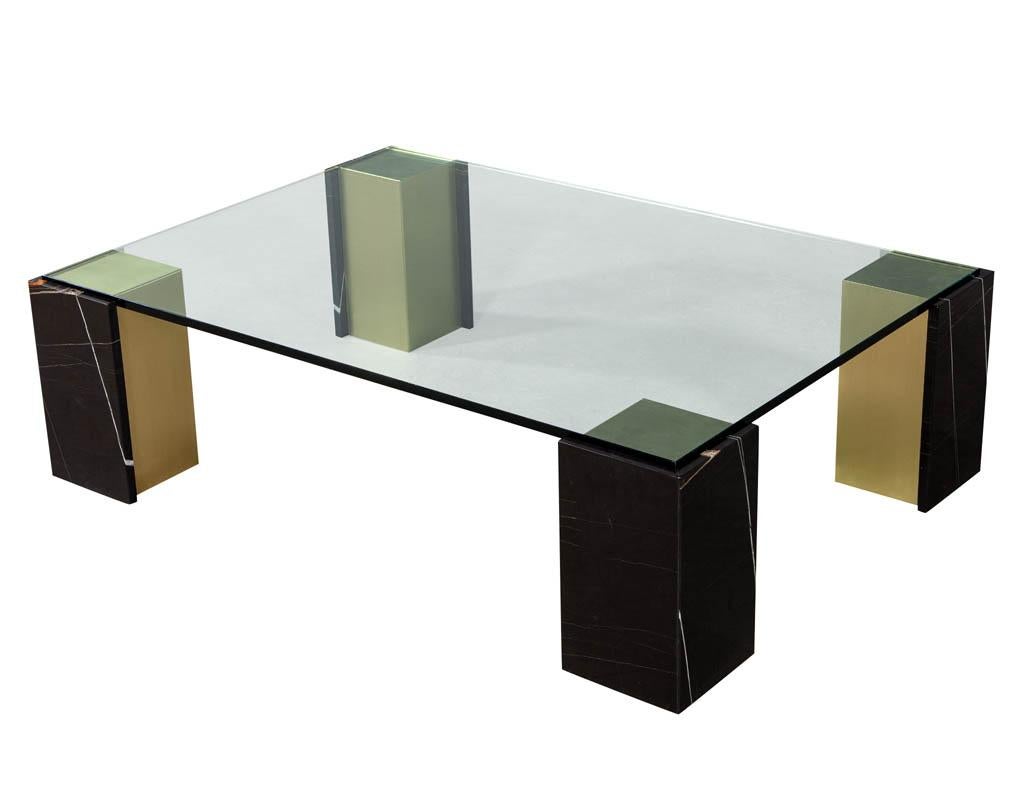 Canadian Custom Modern Glass Top Coffee Table with Marble Pedestals by Carrocel