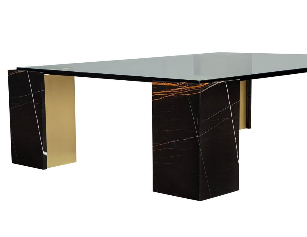 Brass Custom Modern Glass Top Coffee Table with Marble Pedestals by Carrocel