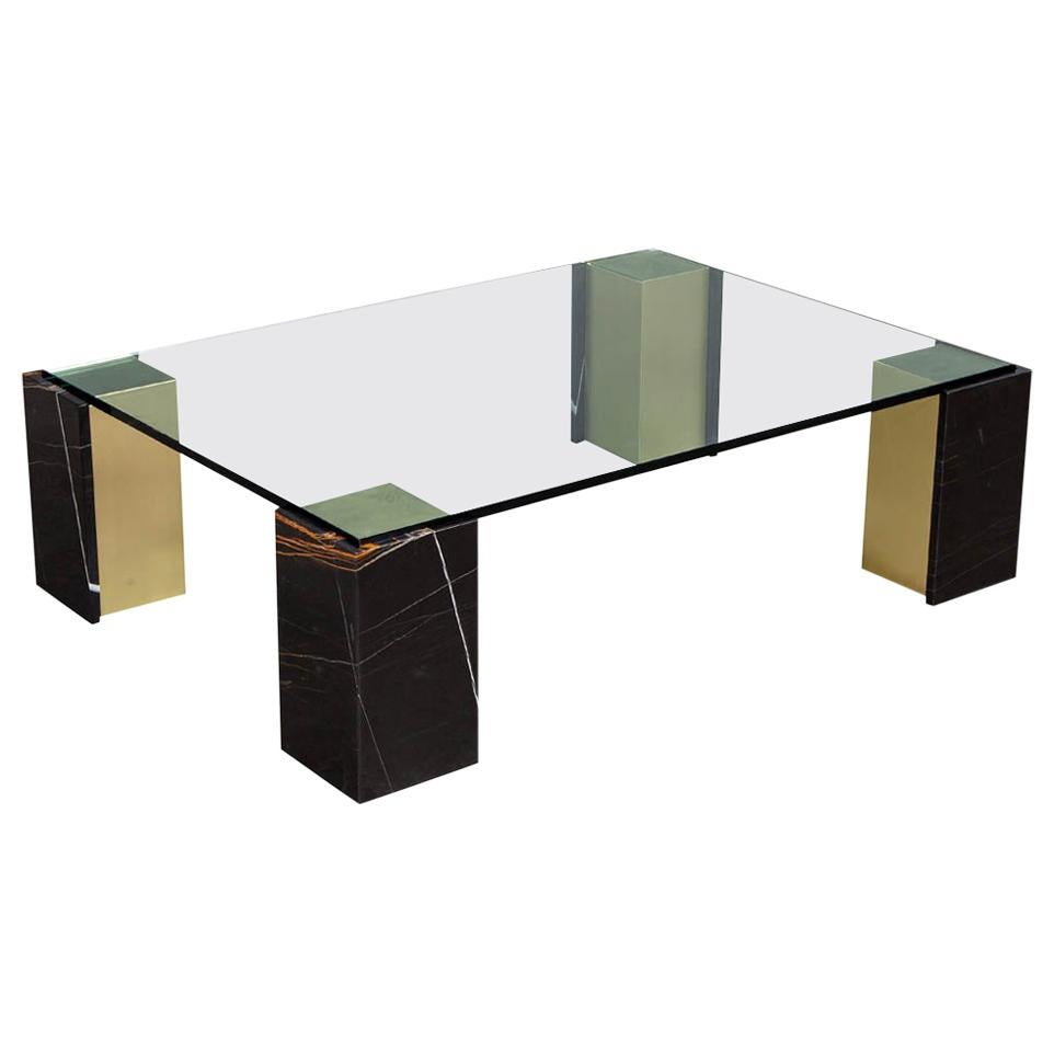 Custom Modern Glass Top Coffee Table with Marble Pedestals by Carrocel