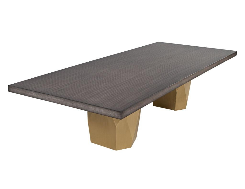 Custom Modern Grey Dining Table with Metal Geometric Pedestals For Sale 4