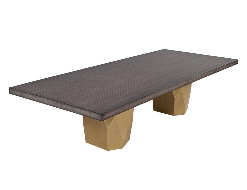 Custom Modern Grey Dining Table with Metal Geometric Pedestals For Sale 8