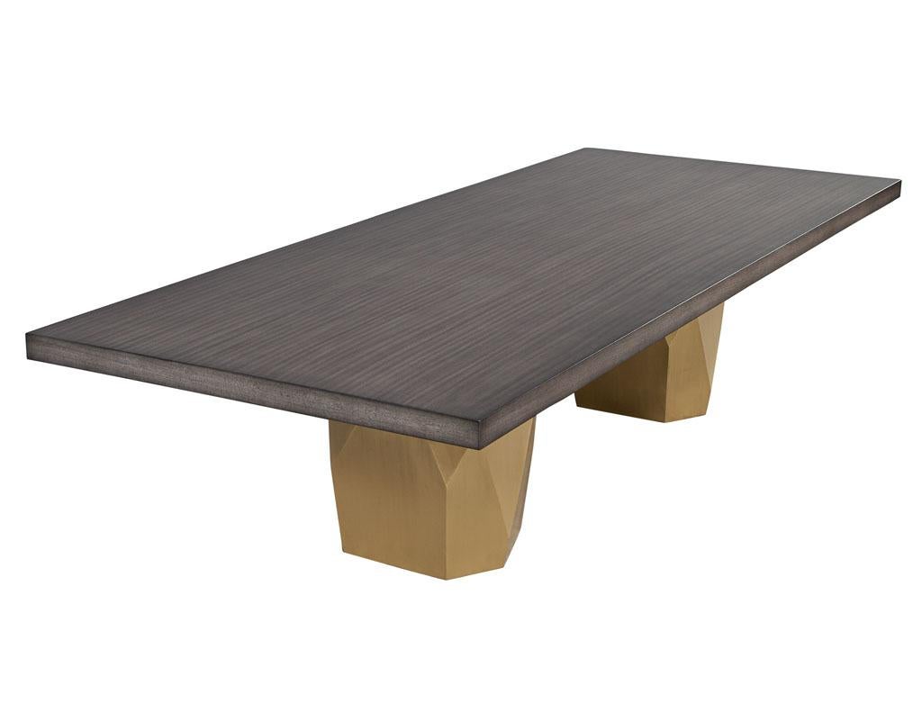 Custom Modern Grey Dining Table with Metal Geometric Pedestals For Sale 9