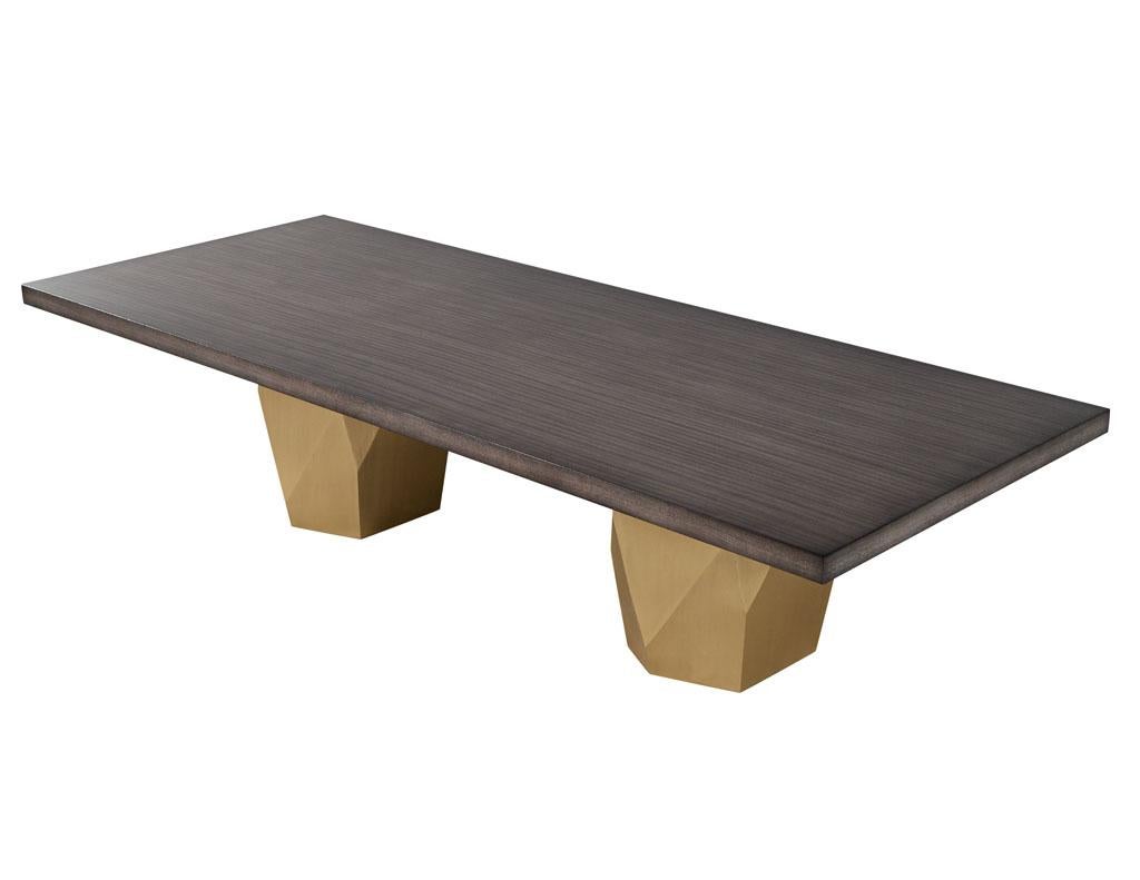 Brass Custom Modern Grey Dining Table with Metal Geometric Pedestals For Sale