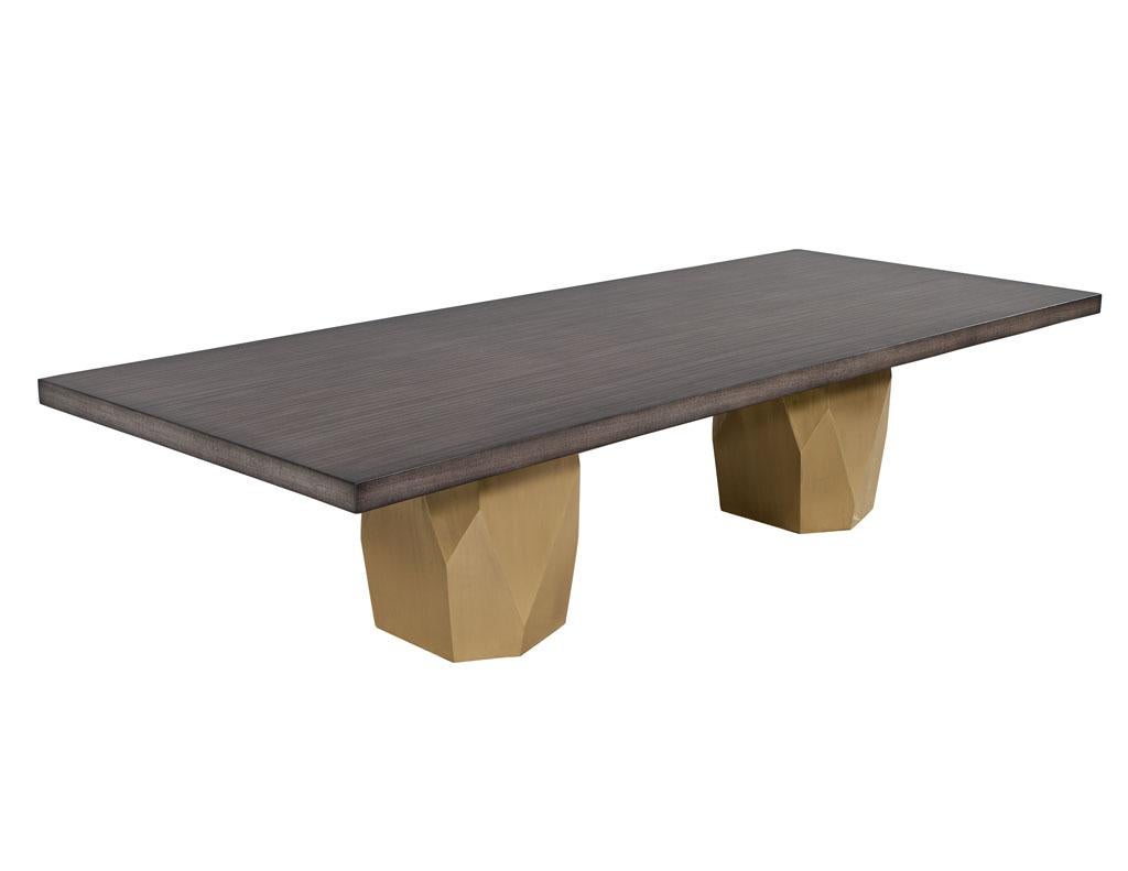 Custom Modern Grey Dining Table with Metal Geometric Pedestals For Sale 3