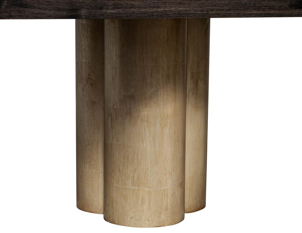 Brass Custom Modern Grey Dining Table with Metal Tulip Pedestals For Sale
