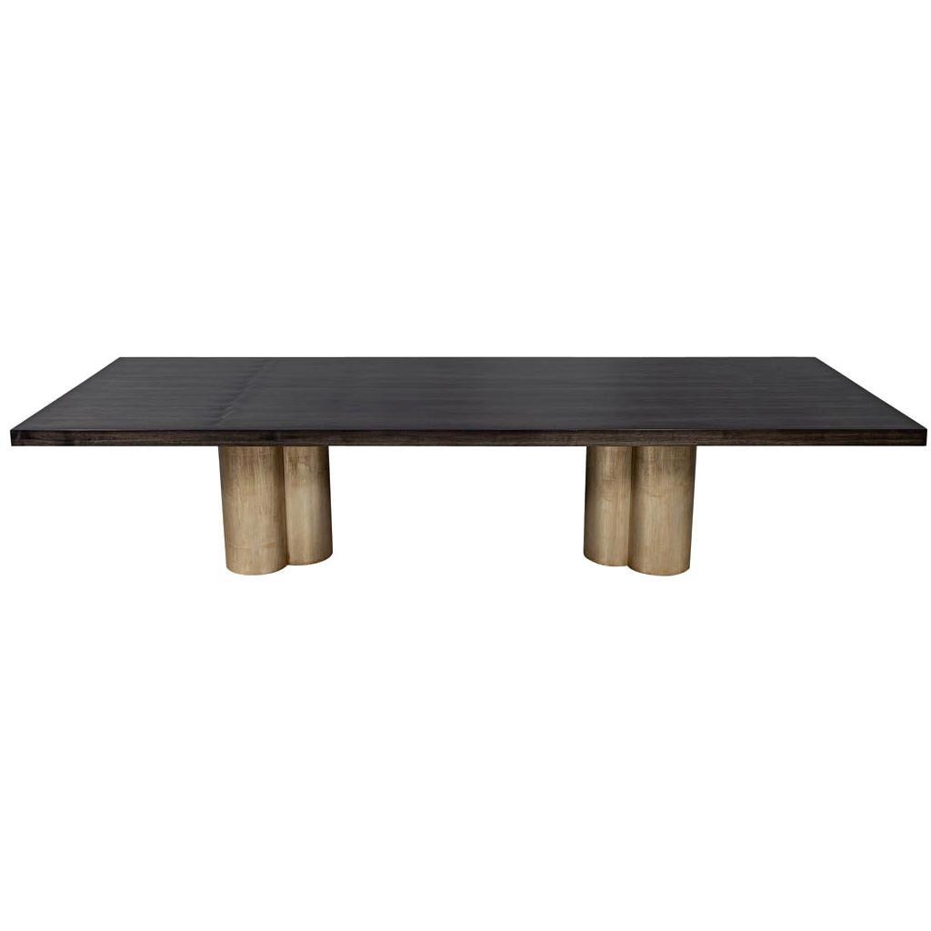 Custom Modern Grey Dining Table with Metal Tulip Pedestals For Sale