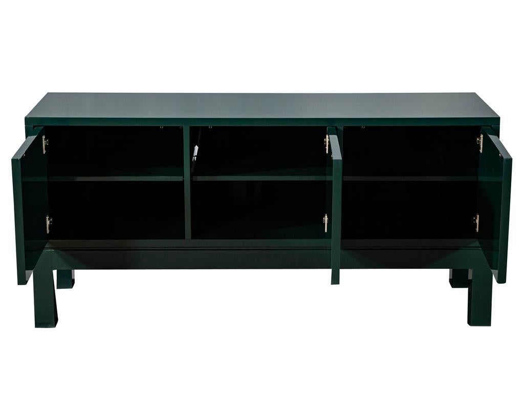 Custom modern hand polished emerald lacquer sideboard buffet credenza. High gloss hand polished mirror finish.
Price includes complimentary curb side delivery to the continental USA.