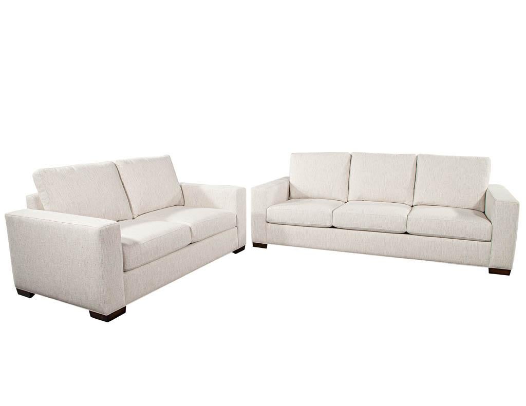 Custom modern living room sofa set in designer cream fabric. Clean modern styling with thick comfortable cushions. The perfect set for a cozy living room.

Price includes complimentary curb side delivery to the continental USA.

Measures: Sofa -