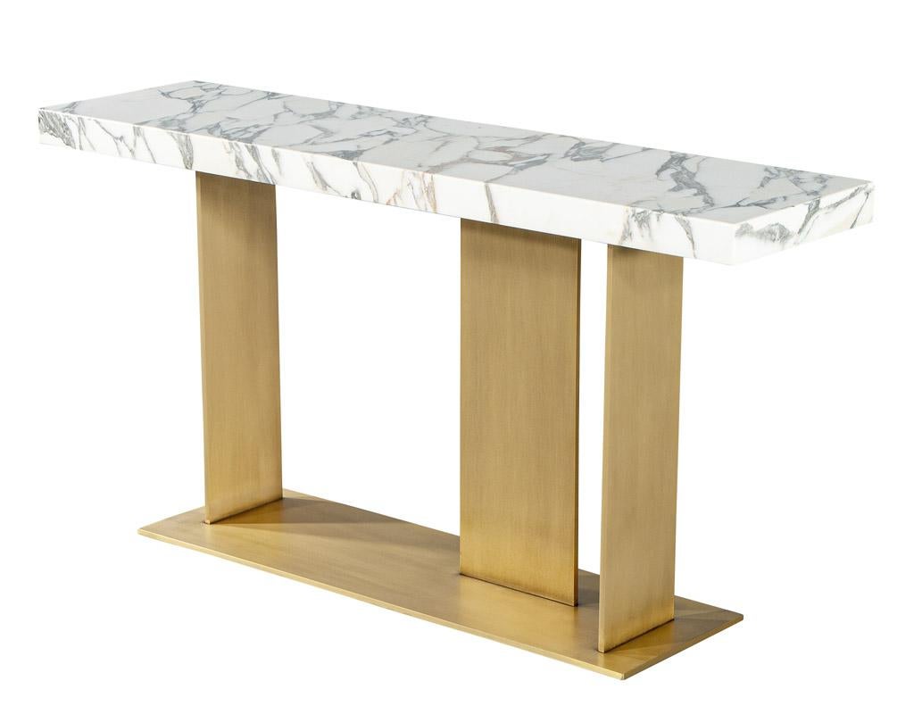 Metal Custom Modern Marble Top Console Table with Brass Base