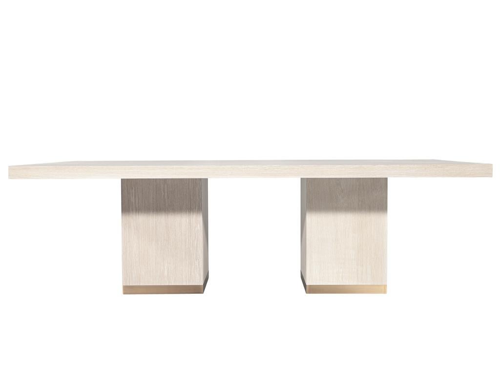 Canadian Custom Modern Oak Dining Table in Bleached Finish and Brass Accents For Sale