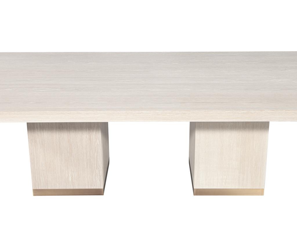 Contemporary Custom Modern Oak Dining Table in Bleached Finish and Brass Accents For Sale