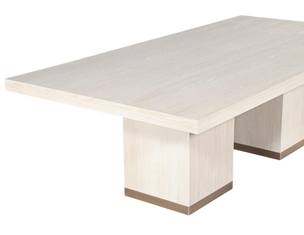 Custom Modern Oak Dining Table in Bleached Finish and Brass Accents For Sale 1