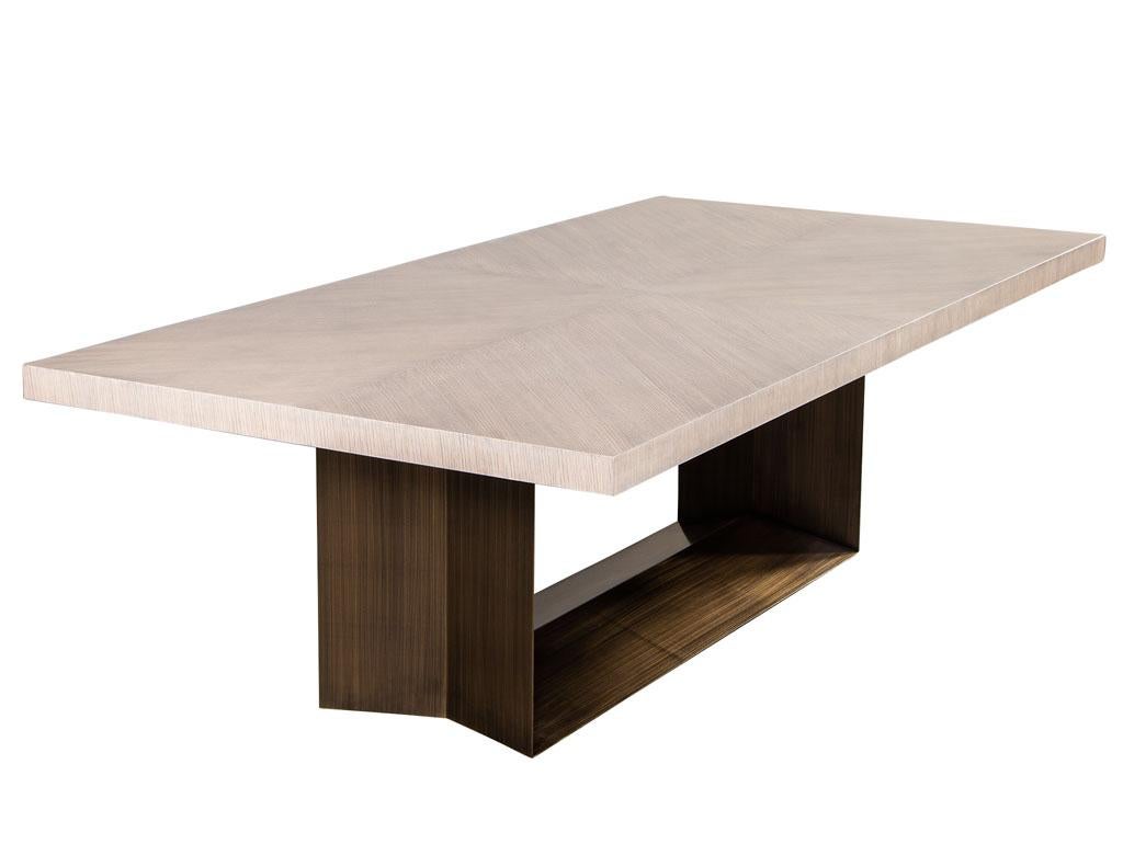 Canadian Custom Modern Oak Dining Table with Antiqued Brass Pedestal For Sale