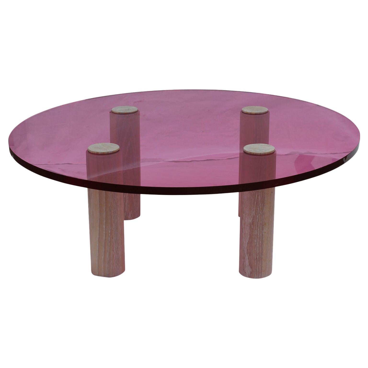 Custom Modern Pop Pink Lucite Round Coffee Table With White Oak Legs