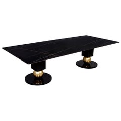 Custom Modern Porcelain Black Dining Table with Geometric Pedestals