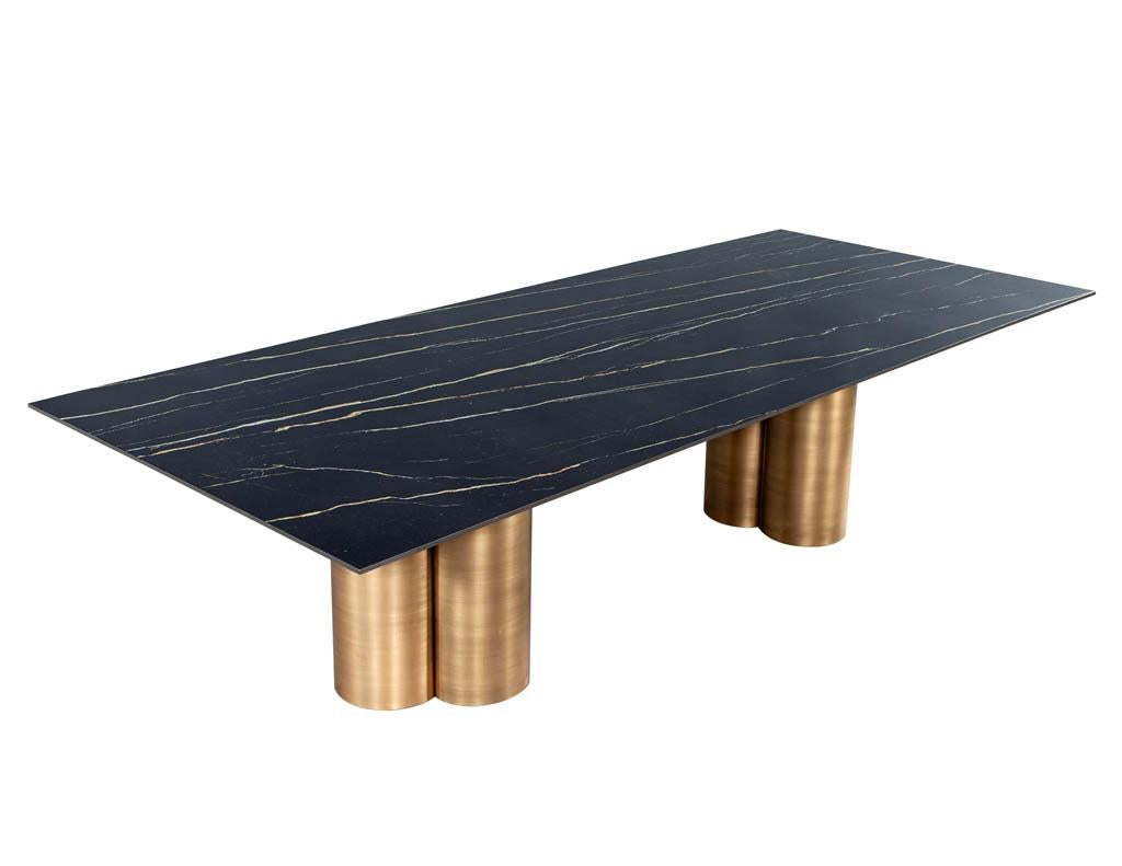 Custom Modern Porcelain Dining Table with Antiqued Brass Clover Pedestals In New Condition For Sale In North York, ON