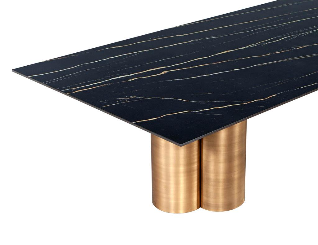 Contemporary Custom Modern Porcelain Dining Table with Antiqued Brass Clover Pedestals For Sale