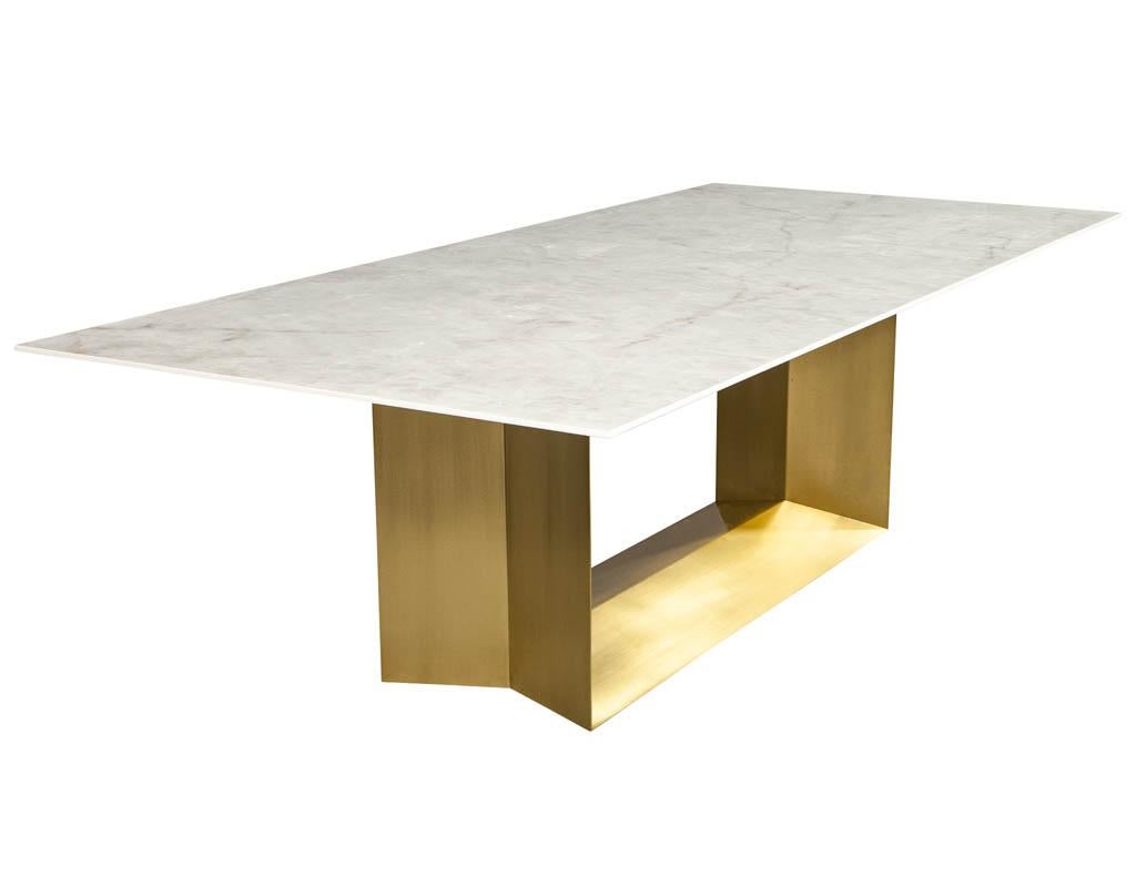 Custom Modern Porcelain Dining Table with Crystal Ice Top and Brass Angled Base For Sale 1