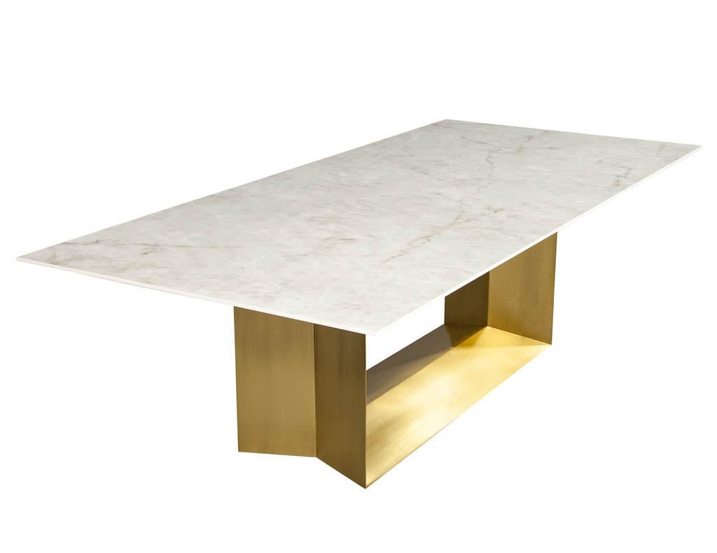 Custom Modern Porcelain Dining Table with Crystal Ice Top and Brass Angled Base For Sale 2