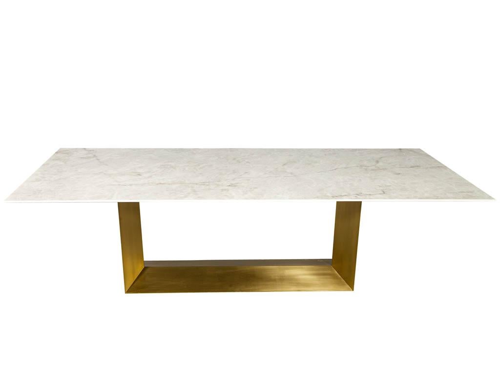 Custom Modern Porcelain Dining Table with Crystal Ice Top and Brass Angled Base For Sale 3
