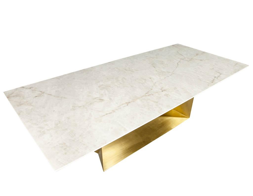 Custom Modern Porcelain Dining Table with Crystal Ice Top and Brass Angled Base For Sale 4