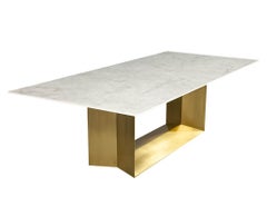 Custom Modern Porcelain Dining Table with Crystal Ice Top and Brass Angled Base
