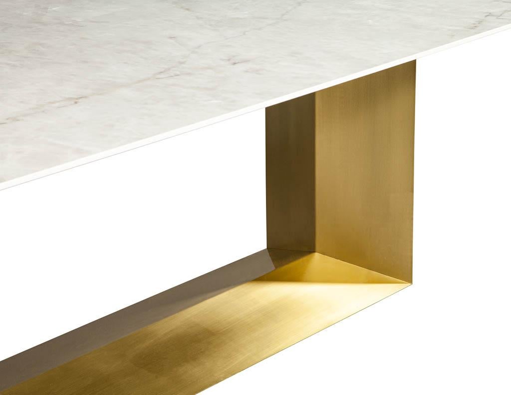 Canadian Custom Modern Porcelain Dining Table with Crystal Ice Top and Brass Angled Base For Sale