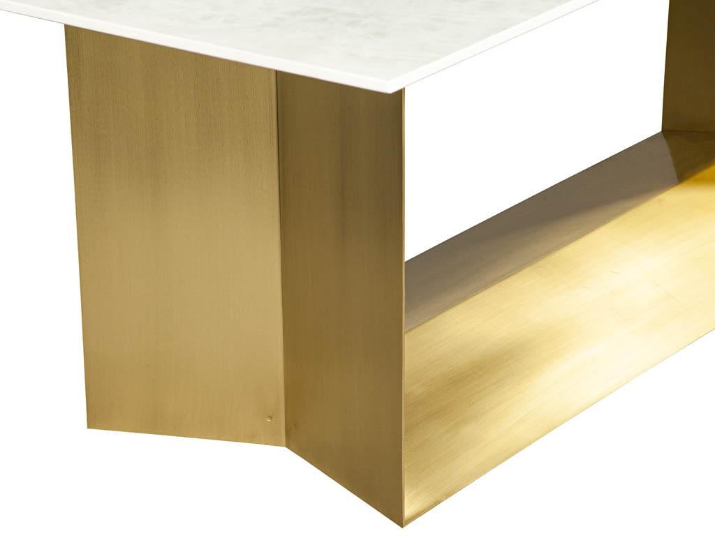 Custom Modern Porcelain Dining Table with Crystal Ice Top and Brass Angled Base In New Condition For Sale In North York, ON