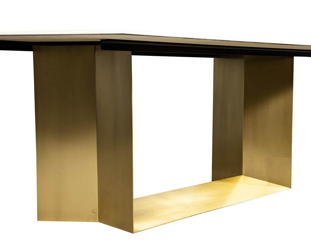 Contemporary Custom Modern Porcelain Dining Table with Crystal Ice Top and Brass Angled Base For Sale