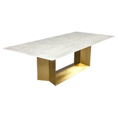 Custom Modern Porcelain Dining Table with Crystal Ice Top and Brass Angled Base