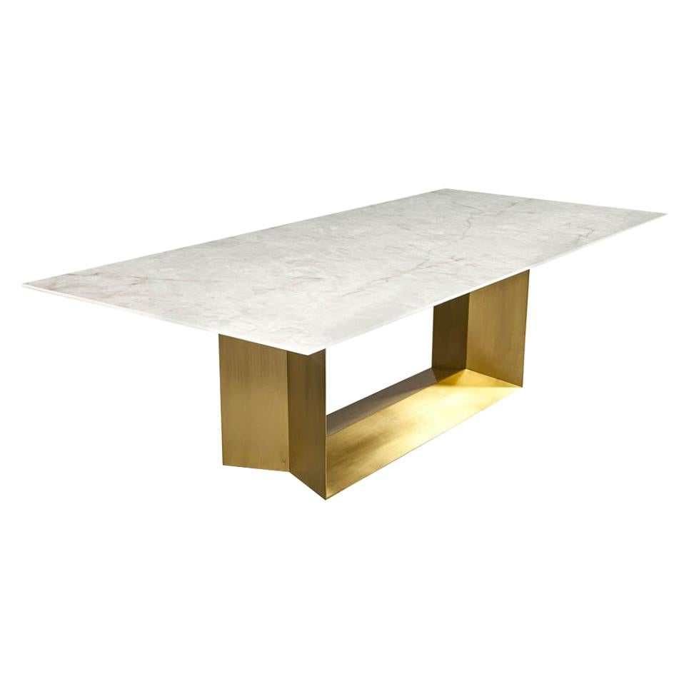 Custom Modern Porcelain Dining Table with Crystal Ice Top and Brass Angled Base