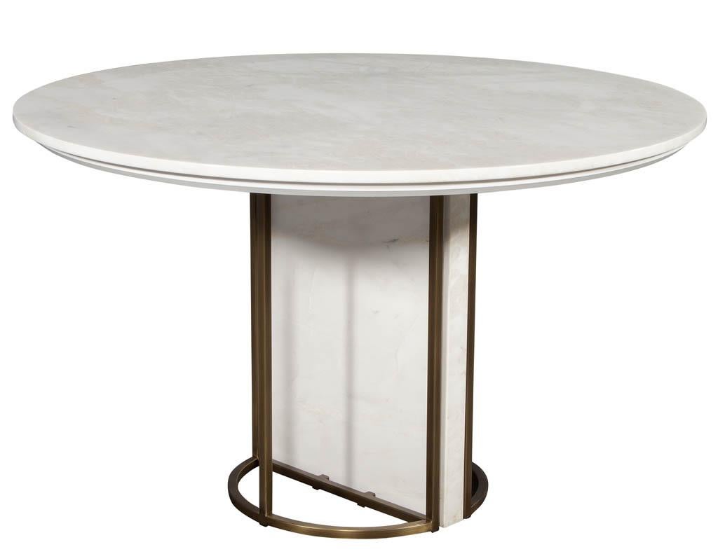 Canadian Custom Modern Round Marble Top Dining Table with Brass Detailing For Sale