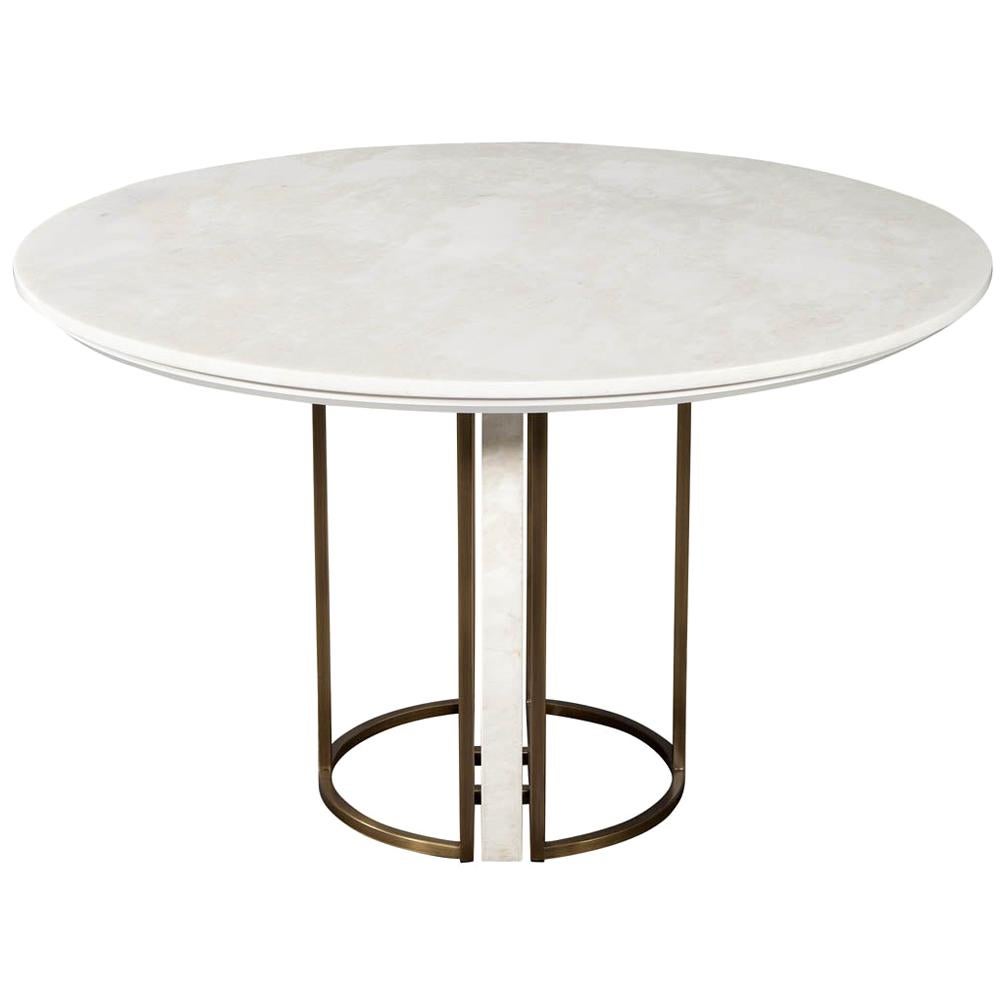 Custom Modern Round Marble Top Dining Table with Brass Detailing