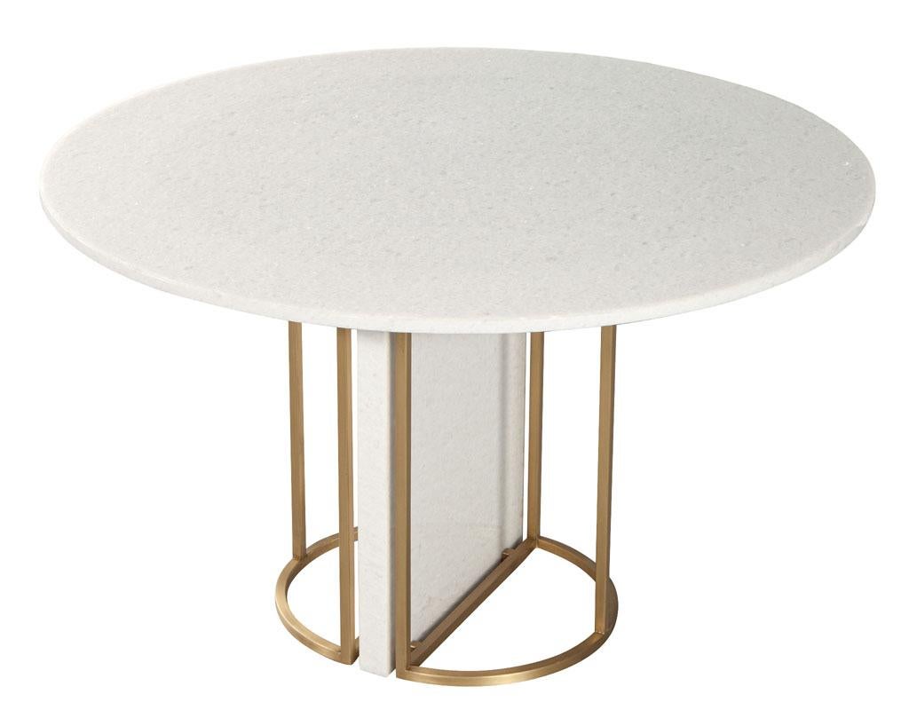 Custom Modern Round Marble Top Dining Table with Brass In Excellent Condition For Sale In North York, ON