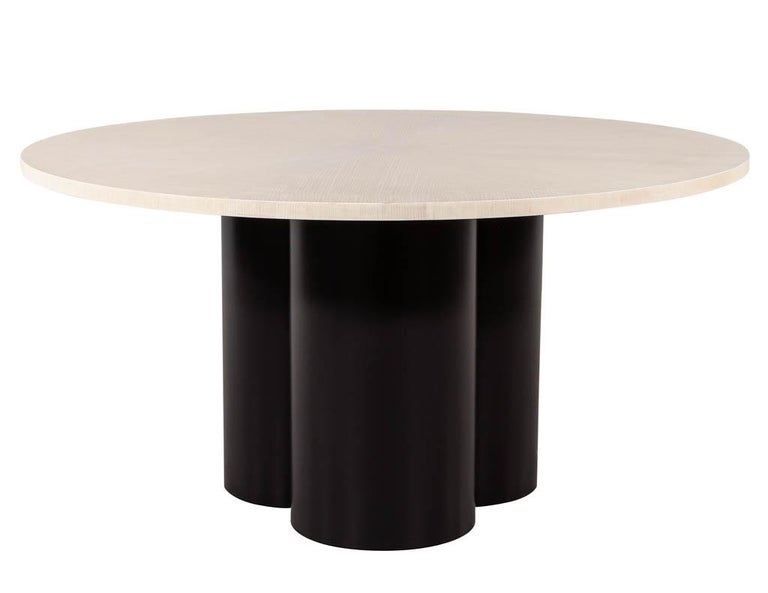 Custom Modern Round Oak Dining Table Washed Finish. Featuring stunning sunburst oak top finished in a natural warm washed finish. Sitting atop a custom fabricated metal clover pedestal in an aubergine lacquer.

Price includes complimentary curb