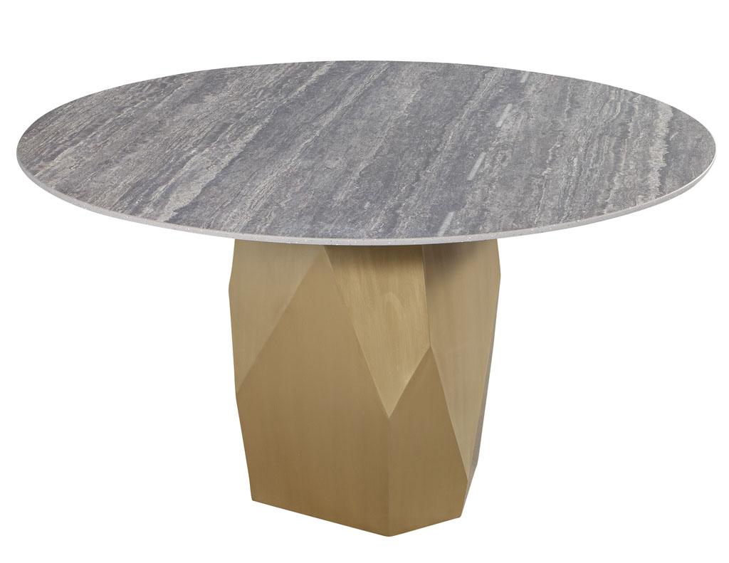 Contemporary Custom Modern Round Porcelain Dining Table with Geometric Brass Base For Sale