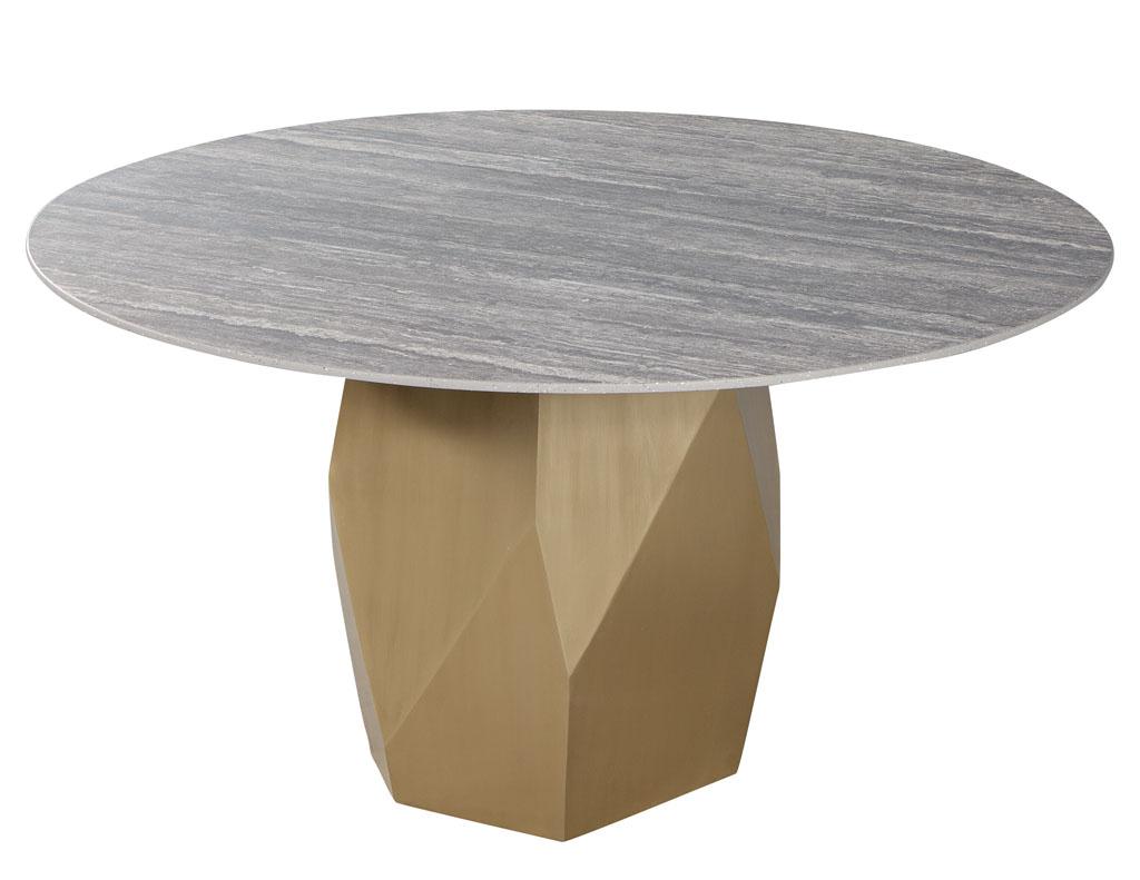 Custom Modern Round Porcelain Dining Table with Geometric Brass Base For Sale 1