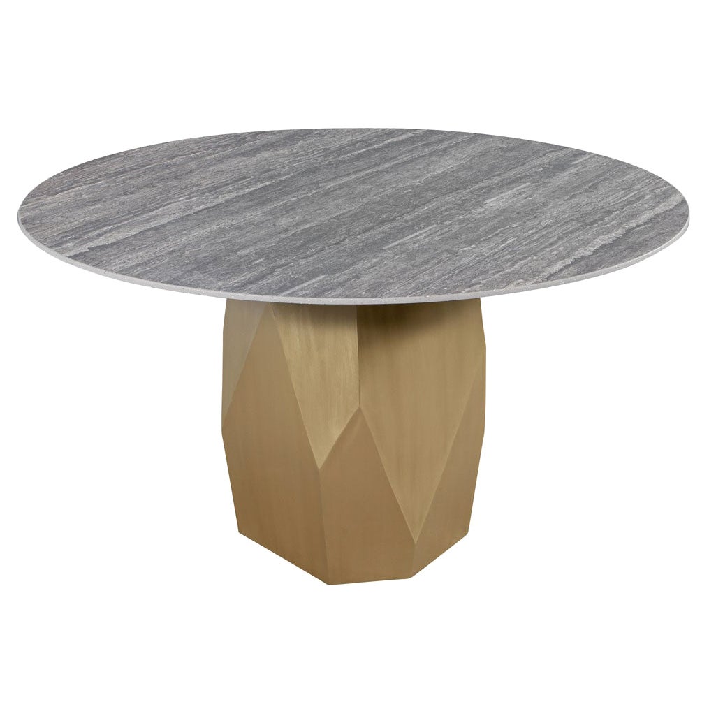Custom Modern Round Porcelain Dining Table with Geometric Brass Base For Sale