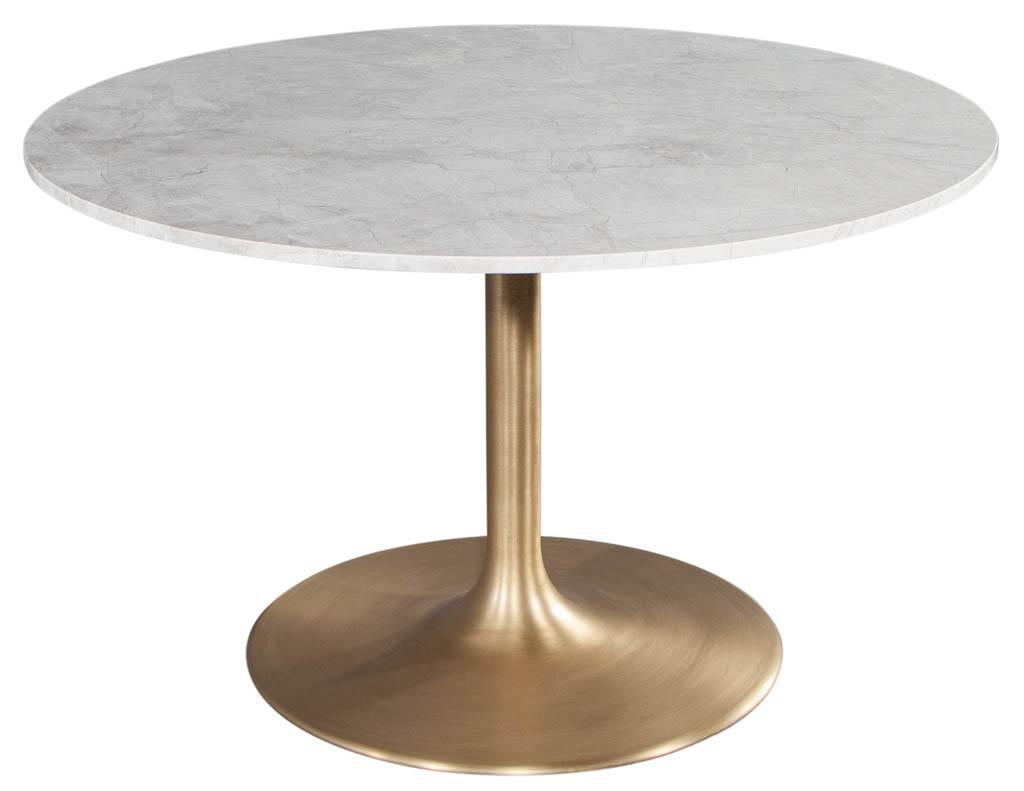 Custom Modern Round Stone Top Table with Brass Tulip Base In New Condition In North York, ON