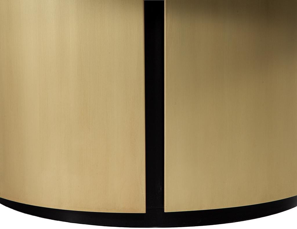 Custom Modern Round Walnut Dining Table in Sunburst Pattern and Brass Base For Sale 5