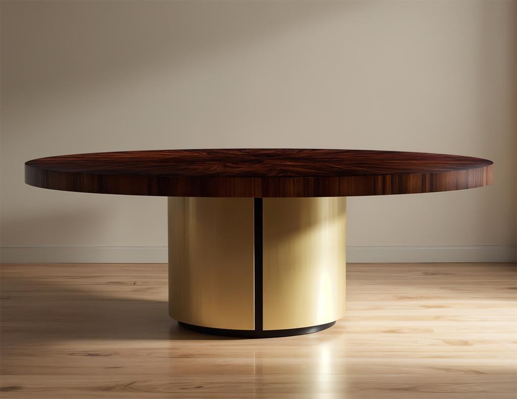 Make a statement with this magnificently handcrafted round dining table by Carrocel. The walnut sunburst patterned top is achieved by meticulously hand-picked veneers. Finished in a rich mahogany color tone with a subtle satin sheen. The large,