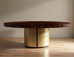 Custom Modern Round Walnut Dining Table in Sunburst Pattern and Brass Base