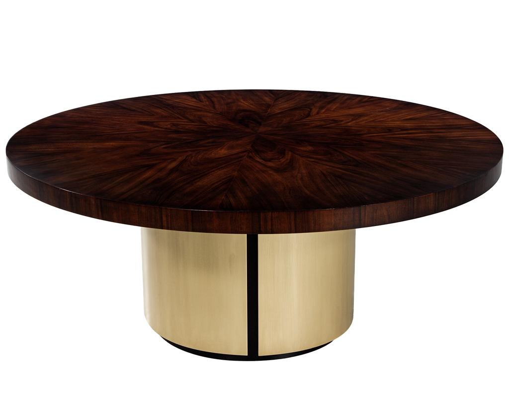 Canadian Custom Modern Round Walnut Dining Table in Sunburst Pattern and Brass Base For Sale