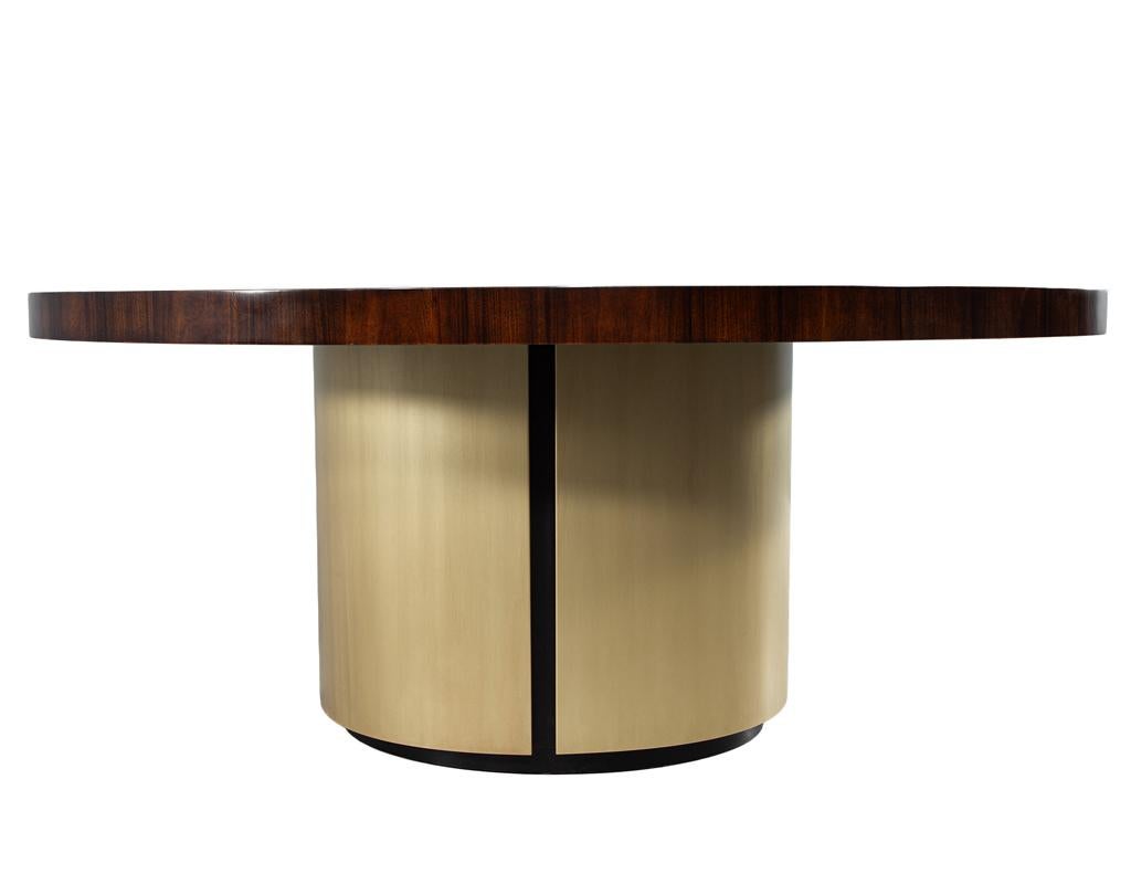 Custom Modern Round Walnut Dining Table in Sunburst Pattern and Brass Base In New Condition For Sale In North York, ON