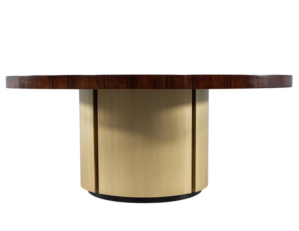 Contemporary Custom Modern Round Walnut Dining Table in Sunburst Pattern and Brass Base For Sale