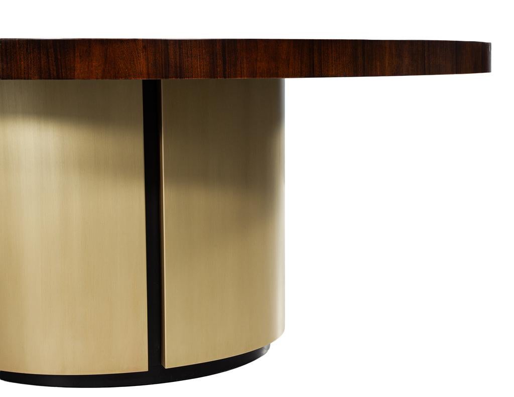 Custom Modern Round Walnut Dining Table in Sunburst Pattern and Brass Base For Sale 1