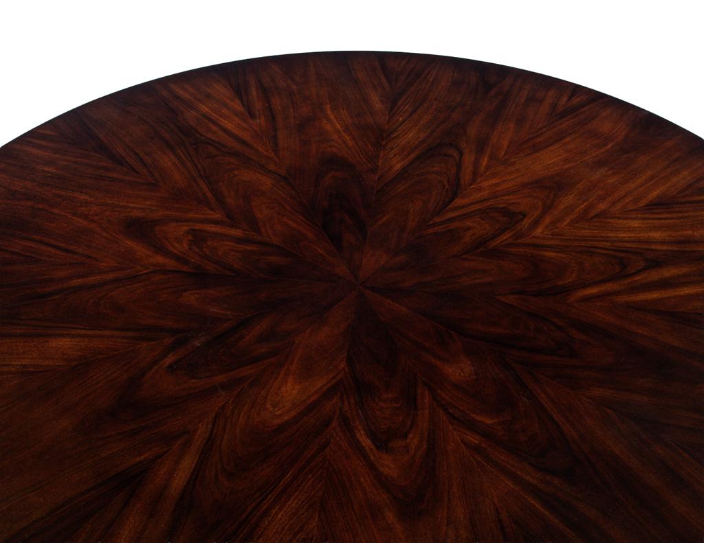 Custom Modern Round Walnut Dining Table in Sunburst Pattern and Brass Base For Sale 2